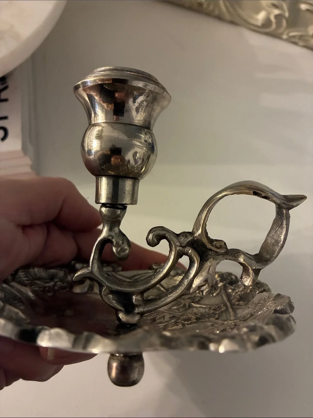 Vintage Silver Plated Floral Chamberstick Candle Holder Cottagecore Art Nouveau